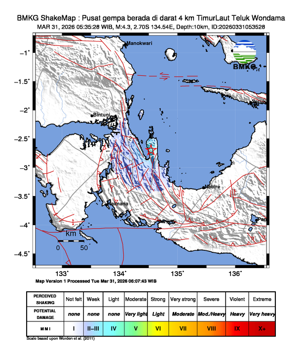 Shakemap gempa M4.3 Teluk Wondama