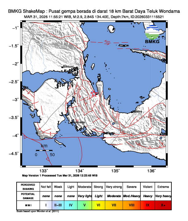 Shakemap gempa M2.9 Teluk Wondama