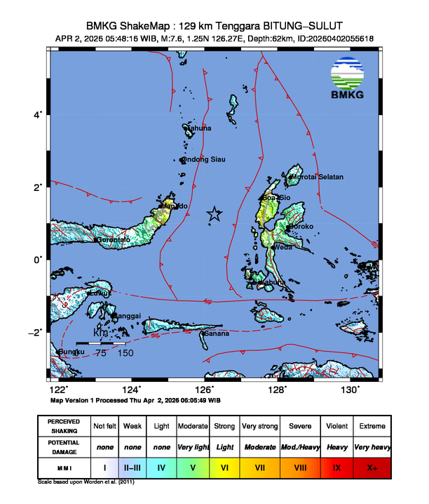 Shakemap gempa M7.6 Kota Bitung, Sulawesi Utara