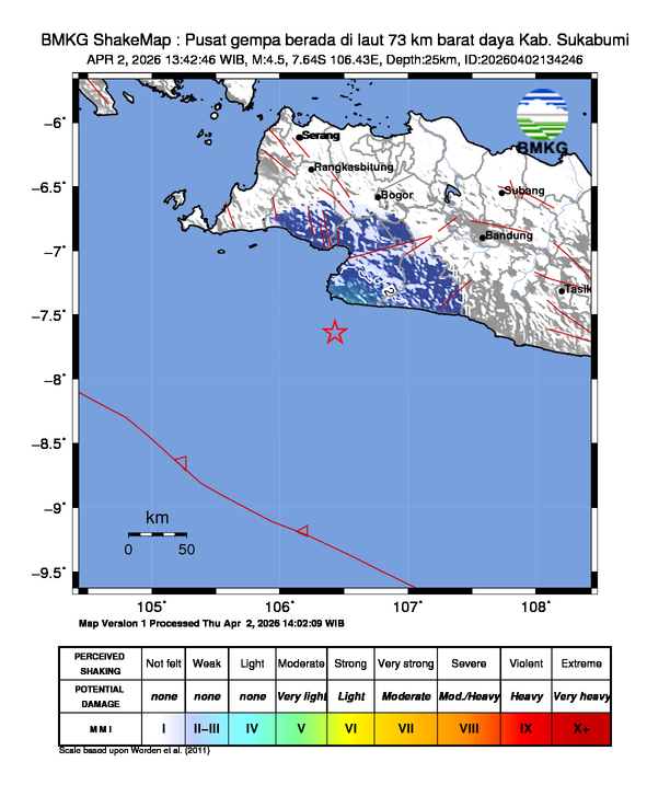 Shakemap gempa M4.5 Kabupaten Sukabumi, Jawa Barat