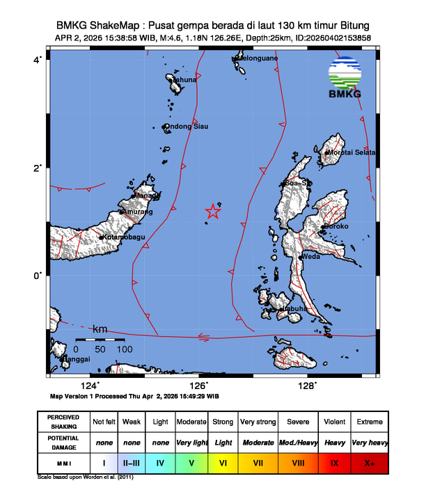 Shakemap gempa M4.6 Kota Bitung, Sulawesi Utara