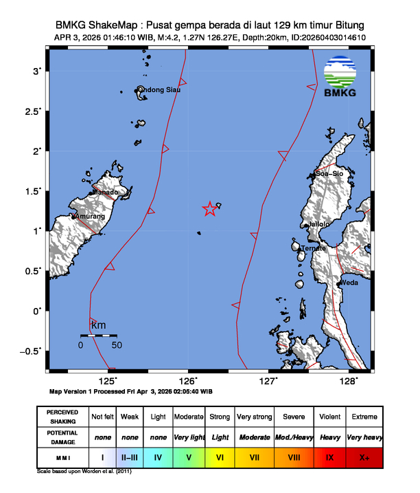 Shakemap gempa M4.2 Kota Bitung, Sulawesi Utara