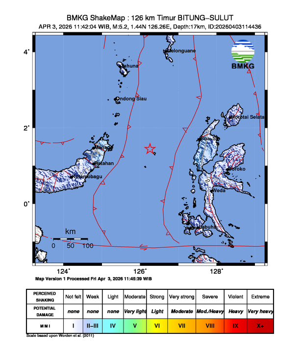 Shakemap gempa M5.2 Kota Bitung, Sulawesi Utara