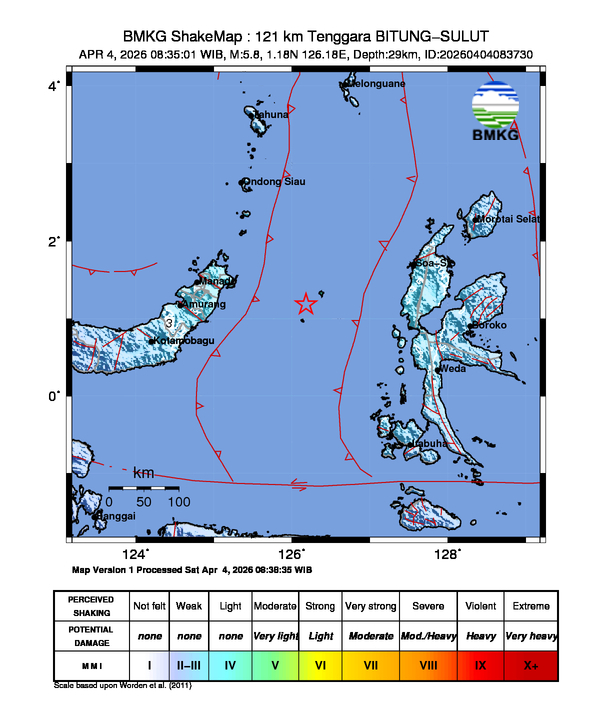 Shakemap gempa M5.8 Kota Bitung, Sulawesi Utara