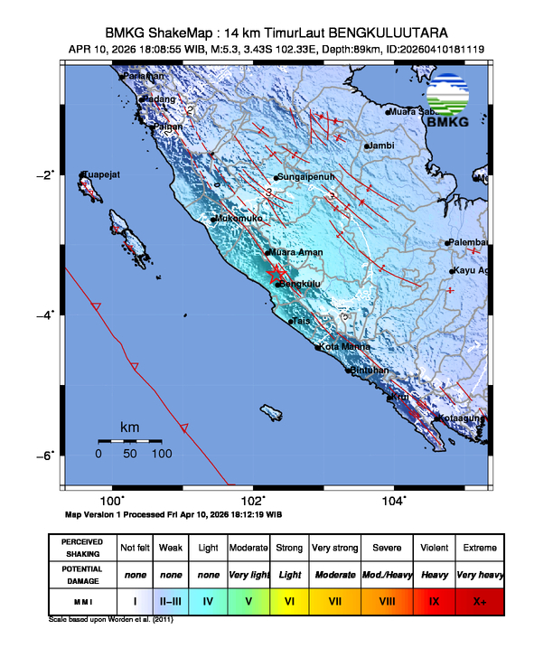 Shakemap gempa M5.3 Kota Bengkulu, Bengkulu