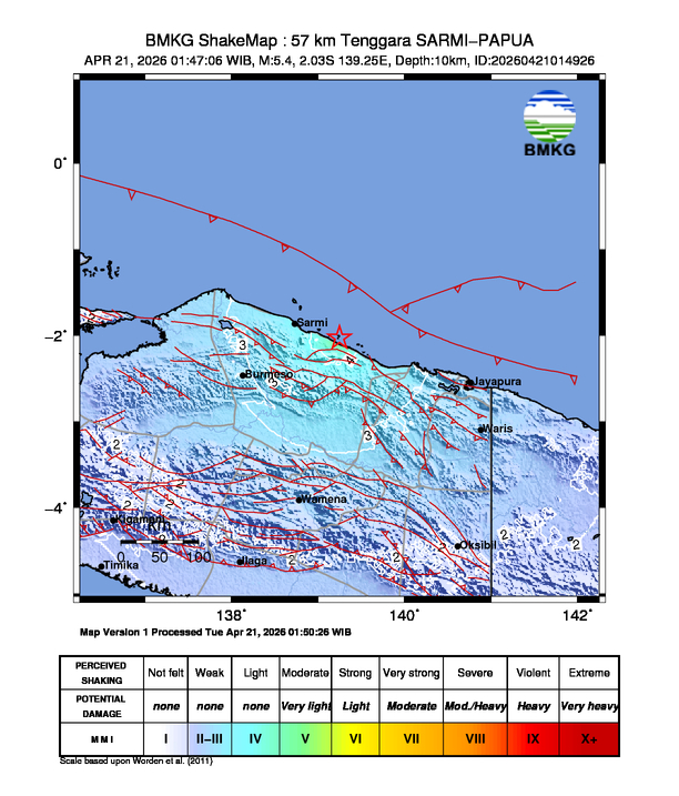 Shakemap gempa M5.4 SARMI-PAPUA