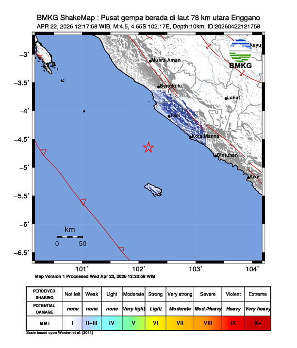 Shakemap gempa M4.5 Enggano