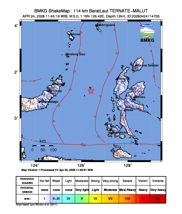 Shakemap gempa M5 Kota Ternate, Maluku Utara