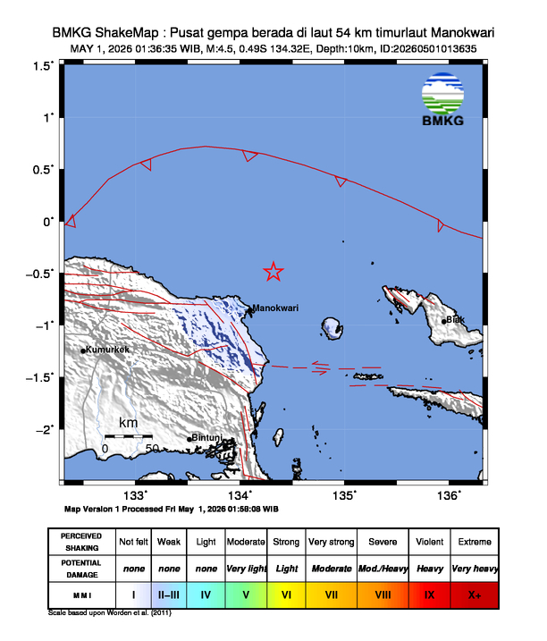 Shakemap gempa M4.5 Kabupaten Manokwari, Papua Barat