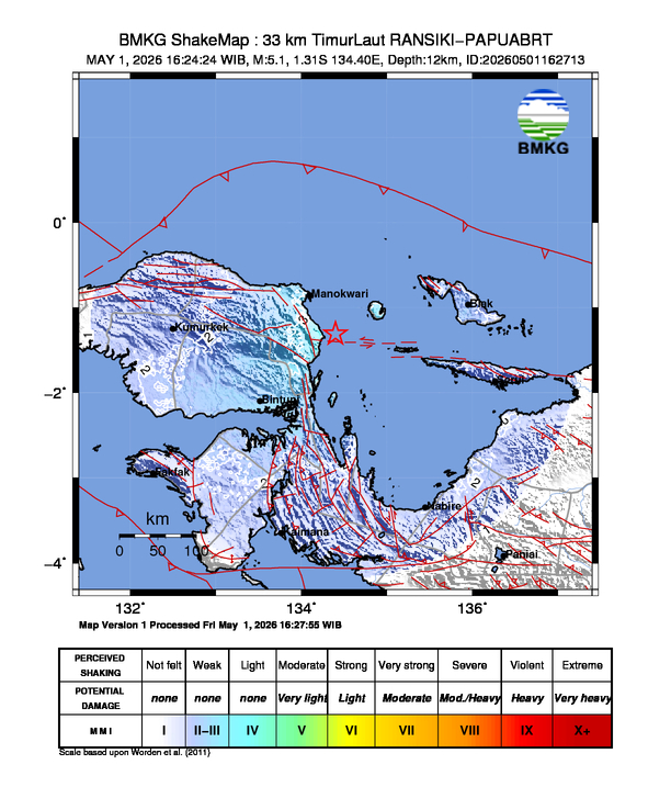 Shakemap gempa M5.1 RANSIKI-PAPUABRT