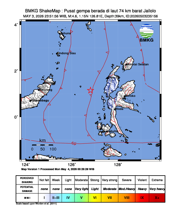 Shakemap gempa M4.6 Jailolo