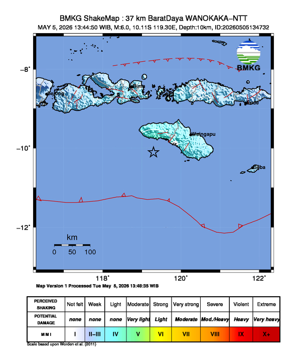 Shakemap gempa M6 WANOKAKA-NTT