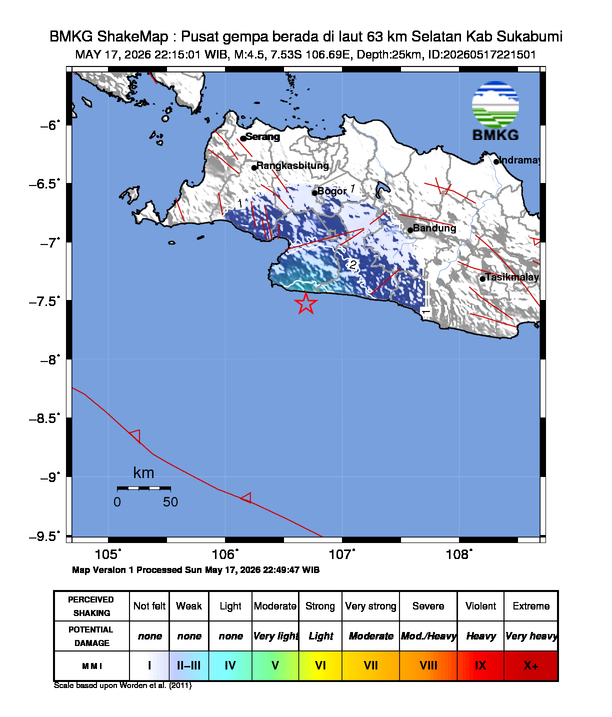 Shakemap gempa M4.5 Kabupaten Sukabumi, Jawa Barat
