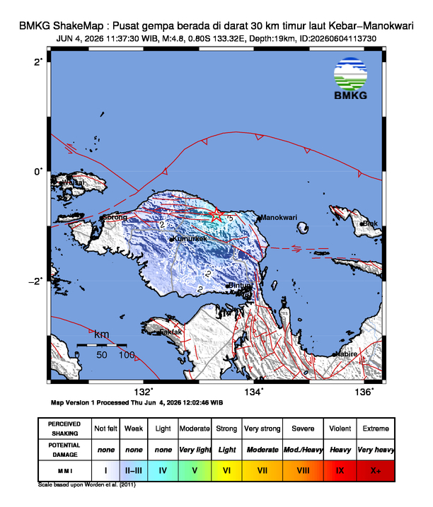 Shakemap gempa M4.8 Kabupaten Manokwari, Papua Barat
