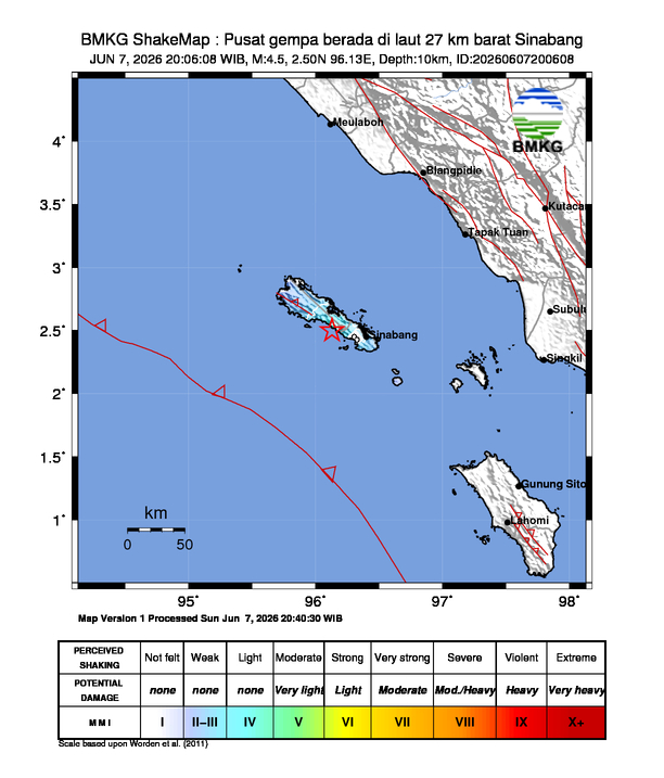 Gempa M4.5 Guncang Kabupaten Simeulue, Aceh 8 Shakemap gempa M4.5 Kabupaten Simeulue, Aceh