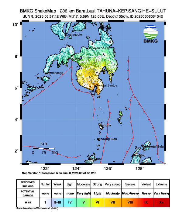 BREAKING: Gempa M7.7 Guncang Kabupaten Kepulauan Sangihe, Sulawesi Utara 8 Shakemap gempa M7.7 Kabupaten Kepulauan Sangihe, Sulawesi Utara