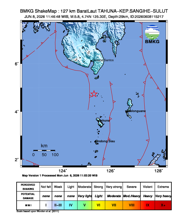 Gempa M5.8 Guncang Kabupaten Kepulauan Sangihe, Sulawesi Utara 8 Shakemap gempa M5.8 Kabupaten Kepulauan Sangihe, Sulawesi Utara