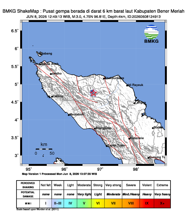 Pusat gempa berada di darat 6 km barat laut Kabupaten Bener Meriah