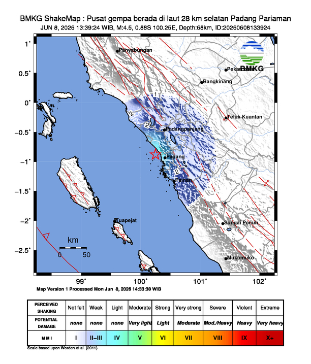 Gempa M4.5 Guncang Kota Padang, Sumatera Barat 8 Shakemap gempa M4.5 Kota Padang, Sumatera Barat