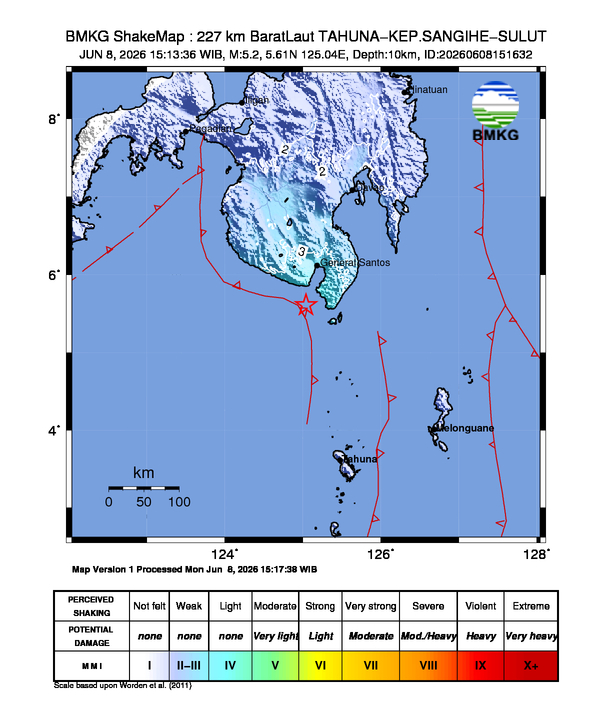 Shakemap gempa M5.2 Kabupaten Kepulauan Sangihe, Sulawesi Utara