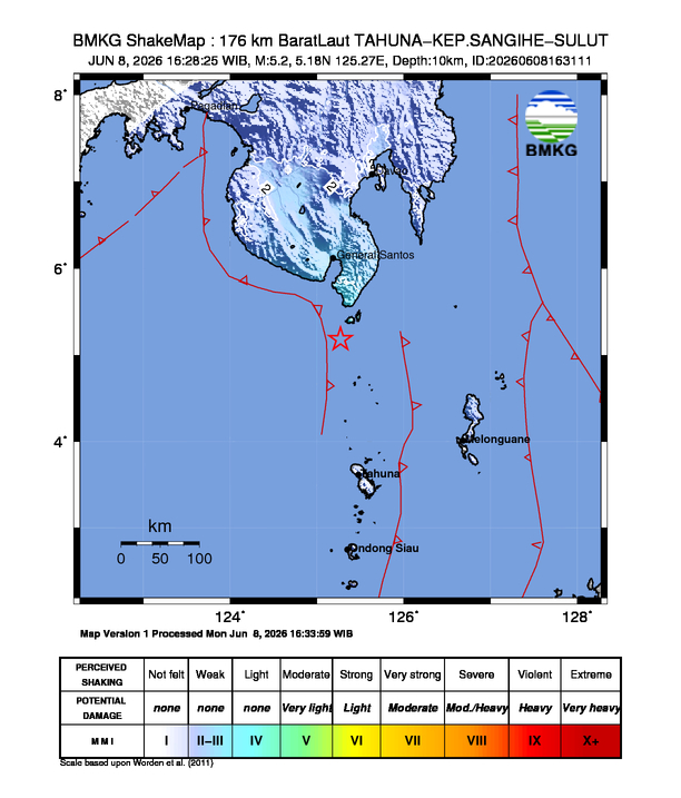 Gempa M5.2 Guncang Kabupaten Kepulauan Sangihe, Sulawesi Utara 8 Shakemap gempa M5.2 Kabupaten Kepulauan Sangihe, Sulawesi Utara