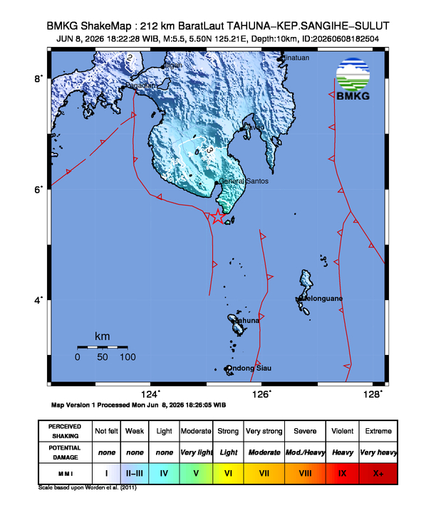 Gempa M5.5 Guncang Kabupaten Kepulauan Sangihe, Sulawesi Utara 8 Shakemap gempa M5.5 Kabupaten Kepulauan Sangihe, Sulawesi Utara