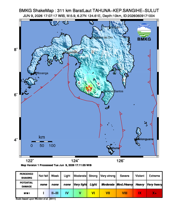 Shakemap gempa M5.9 Kabupaten Kepulauan Sangihe, Sulawesi Utara