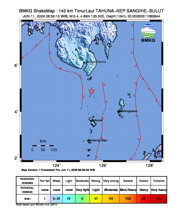 Gempa M5.4 Guncang Kabupaten Kepulauan Sangihe, Sulawesi Utara 8 Shakemap gempa M5.4 Kabupaten Kepulauan Sangihe, Sulawesi Utara