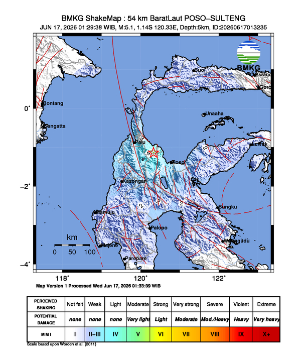 Shakemap gempa M5.1 Kabupaten Poso, Sulawesi Tengah