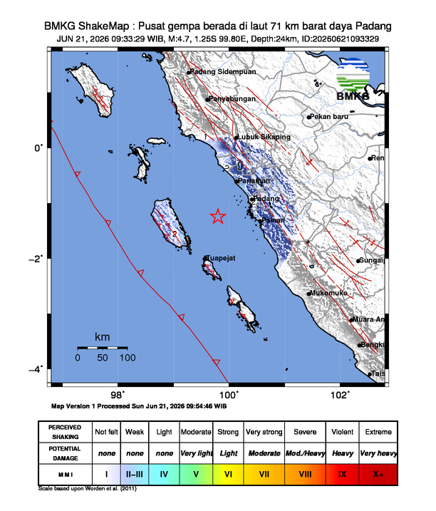 Shakemap gempa M4.7 Kota Padang, Sumatera Barat