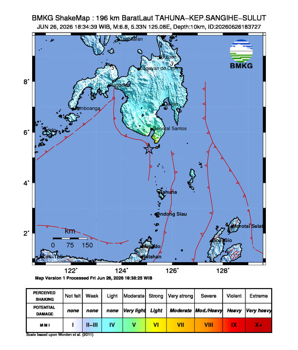 Shakemap gempa M6.8 Kabupaten Kepulauan Sangihe, Sulawesi Utara