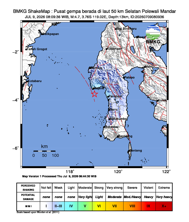 Gempa M4.7 Guncang Kabupaten Polewali Mandar, Sulawesi Barat 8 Shakemap gempa M4.7 Kabupaten Polewali Mandar, Sulawesi Barat