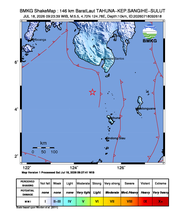 Gempa M5.5 Guncang Kabupaten Kepulauan Sangihe, Sulawesi Utara 8 Shakemap gempa M5.5 Kabupaten Kepulauan Sangihe, Sulawesi Utara