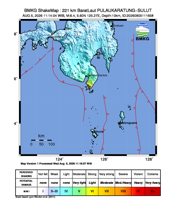 Shakemap gempa M6.4 PULAUKARATUNG-SULUT