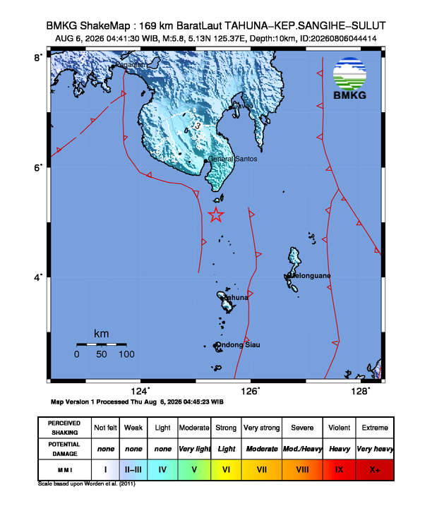Gempa M5.8 Guncang Kabupaten Kepulauan Sangihe, Sulawesi Utara 8 Shakemap gempa M5.8 Kabupaten Kepulauan Sangihe, Sulawesi Utara
