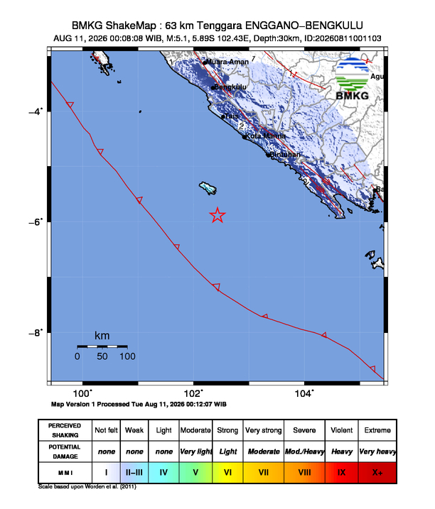 Gempa M5.1 Guncang Kota Bengkulu, Bengkulu 8 Shakemap gempa M5.1 Kota Bengkulu, Bengkulu