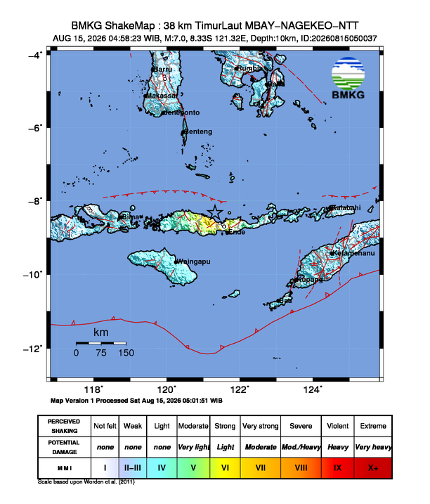 BREAKING: Gempa M7 Guncang MBAY-NAGEKEO-NTT 8 Shakemap gempa M7 MBAY-NAGEKEO-NTT