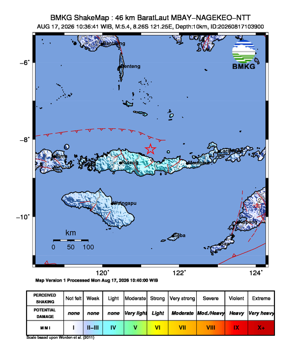 Shakemap gempa M5.4 MBAY-NAGEKEO-NTT