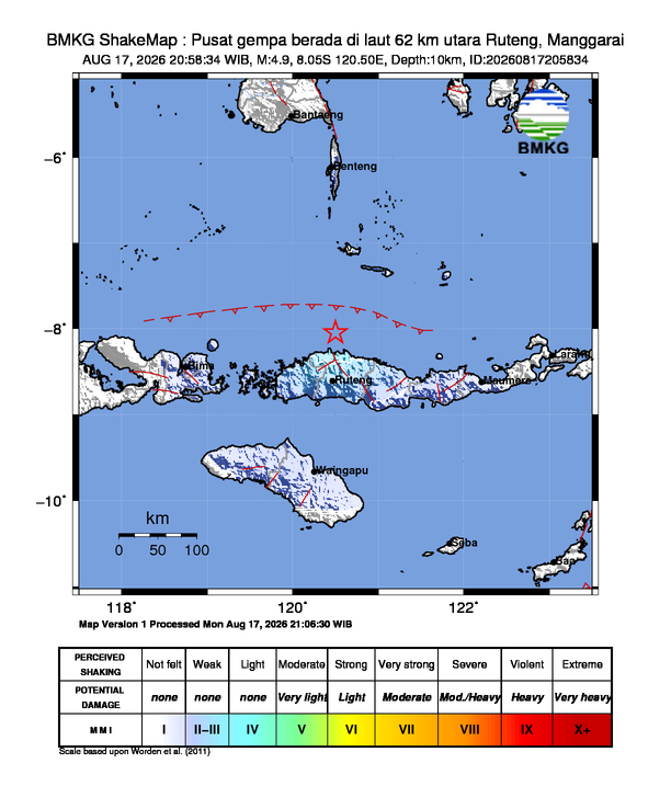 Gempa M4.9 Guncang Ruteng, Manggarai 8 Shakemap gempa M4.9 Ruteng, Manggarai