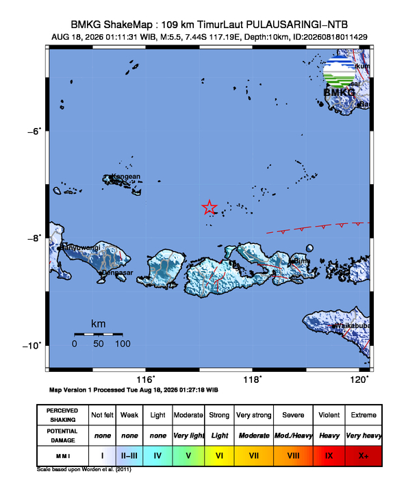 Gempa M5.5 Guncang PULAUSARINGI-NTB 8 Shakemap gempa M5.5 PULAUSARINGI-NTB