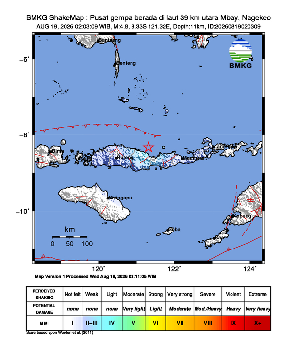 Shakemap gempa M4.8 Mbay, Nagekeo