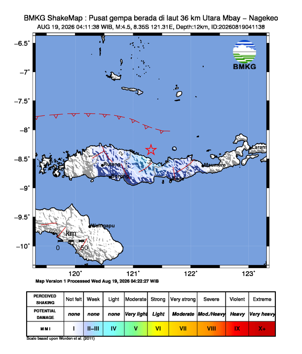 Gempa M4.5 Guncang Mbay - Nagekeo 8 Shakemap gempa M4.5 Mbay - Nagekeo