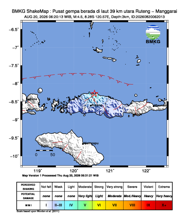 Gempa M4.5 Guncang Ruteng - Manggarai 8 Shakemap gempa M4.5 Ruteng - Manggarai