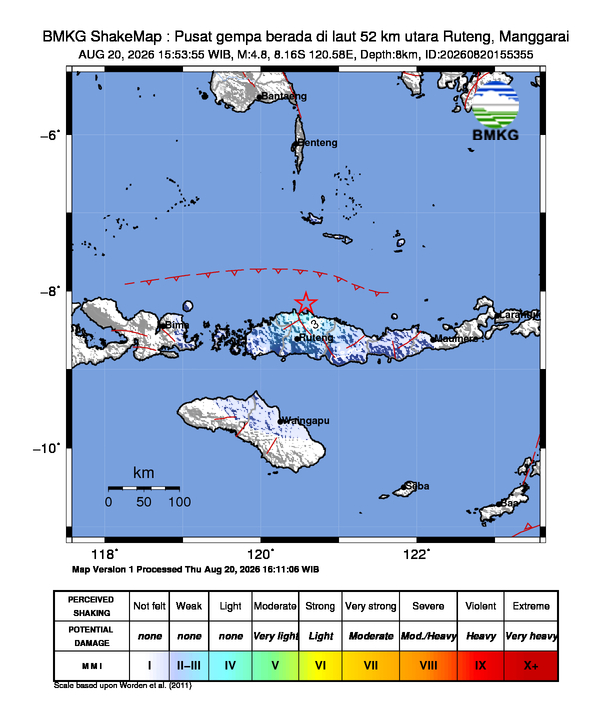 Gempa M4.8 Guncang Ruteng, Manggarai 8 Shakemap gempa M4.8 Ruteng, Manggarai