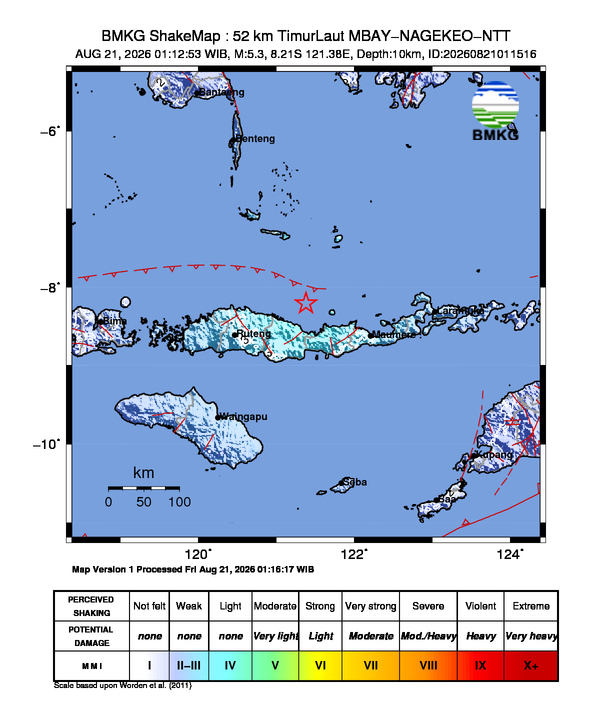 Shakemap gempa M5.3 MBAY-NAGEKEO-NTT