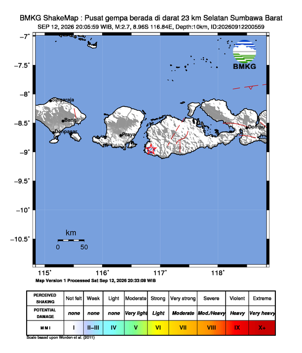 Shakemap Gempa Pusat gempa berada di darat 23 km Selatan Sumbawa Barat
